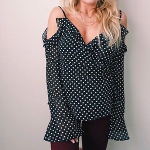 Dot Cold Shoulder Ruffle Wrap Top